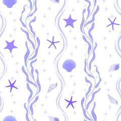 blue beach ocean print seamless pattern. shell, conch, starfish, sea star, kelp, sea grass, wave background. good for fabric, fashion design, textile, pajama, backdrop, wallpaper, wrapping paper.