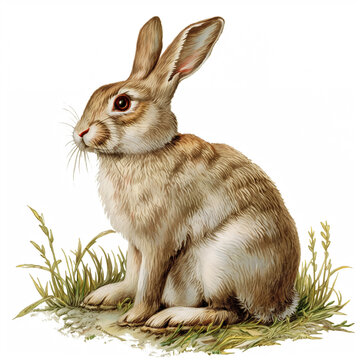 Easter clip arts. Cute illustrated bunny. Image to print, cut out, for decoupage. Brown Easter bunny sitting on the grass, white background.