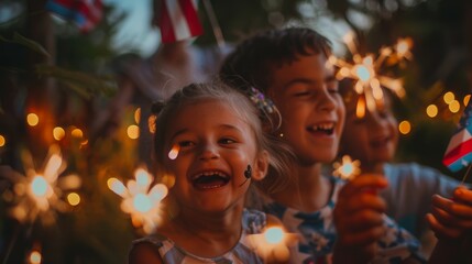 Children holding sparklers at dusk, joyful expressions. Candid childhood moments, celebration concept for greeting card design