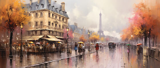 Oil Painting Street View of Paris. .european city land