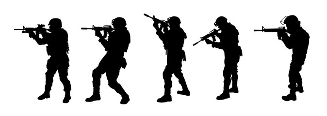Silhouette collection of male soldier carrying machine gun weapon.