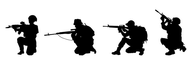 Silhouette collection of male soldier carrying machine gun weapon.