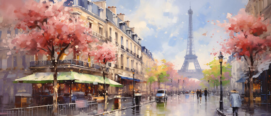 Oil Painting Street View of Paris. Tender landscape sp - obrazy, fototapety, plakaty