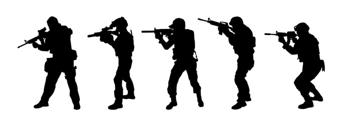Silhouette collection of male soldier carrying machine gun weapon.