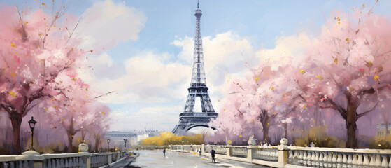 Oil Painting Street View of Paris. Tender landscape sp - obrazy, fototapety, plakaty