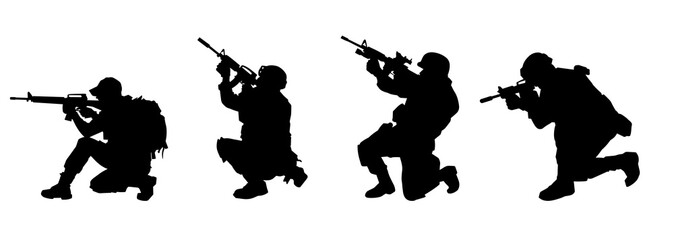 Silhouette collection of male soldier carrying machine gun weapon. - obrazy, fototapety, plakaty