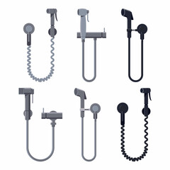 Handheld bidet toilet sprayer vector cartoon set isolated on a white background.