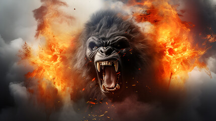 a face of black angry gorila roaring in the fire dominant force smoky background - obrazy, fototapety, plakaty