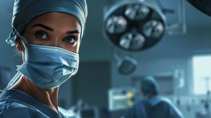 Fototapeta na wymiar Focused female surgeon in operating room with surgical lights. Healthcare, emergency, and medical professionalism concept