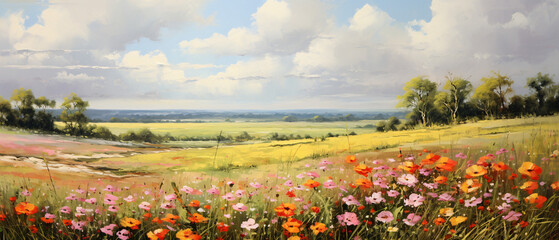 Oil paintings rural landscape flowers in the field ..
