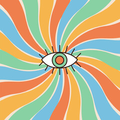 Eye icon. Groovy retro colorful swirl sunburst starburst with ray of light. Abstract background with colorful sun in 60s, 70s hippie style. Trendy graphic print. Sunny template. Flat design. - 757774393