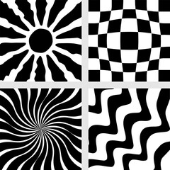 Groovy retro black waves, checkerboard, sunburst starburst with ray of light. Background set with sun in 60s, 70s hippie style. Trendy graphic print. Flat design. - 757774534