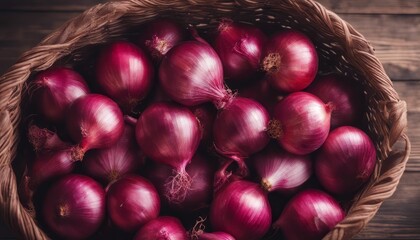 view of basket full of red onions on wooden background