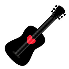 Acoustic guitar icon. Music instrument. Red heart icon sign symbol. Black silhouette. Love greeting card, banner, invitation template. Happy Valentines Day. Flat design. White background. Isolated. - 757774702