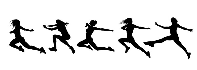 Silhouette collection of happy woman jumping pose. Silhouette collection of female model jumps.