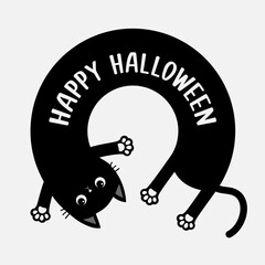 Happy Halloween. Laying kitten. Round circle shape. Long body cat. Cartoon baby pet character. Cute kawaii chilling black kitty head face, paw print. Flat design. White background. - 757774961