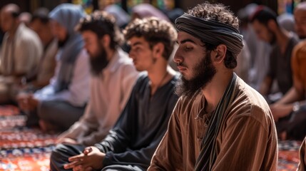 Men in traditional headwear engaged in group prayer. Religious gathering and spiritual practice concept - obrazy, fototapety, plakaty