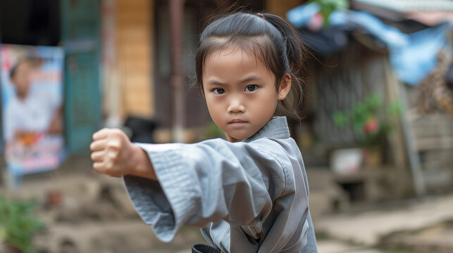 the little girl enthusiastically practices pencak silat in front of her house, wearing pencak silat clothing that shows her perseverance and independence. Ai Generated images