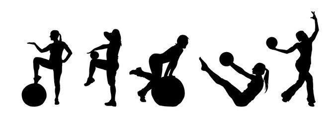 Silhouette collection of a slim sporty woman doing pilates exercise using gym ball. Silhouette collection of sporty female doing physical exercise using fitness ball. 