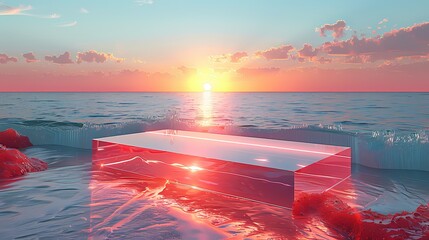 Empty blank Pink platform glass podium with oceanfront during sunrise sky background, product display scene creative design scene for commercial product display, product display scenes - obrazy, fototapety, plakaty