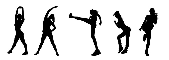 Collection silhouette of slim females doing exercise. Silhouette of sporty women doing gym workout pose. 