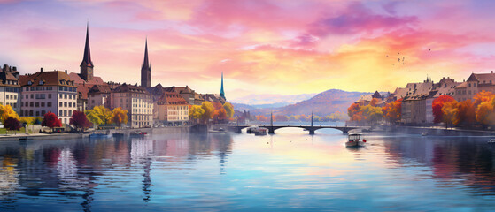 Old town of Zurich with Limmat river in Switzerland di - obrazy, fototapety, plakaty