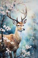 a deer stag in Winter forest snow