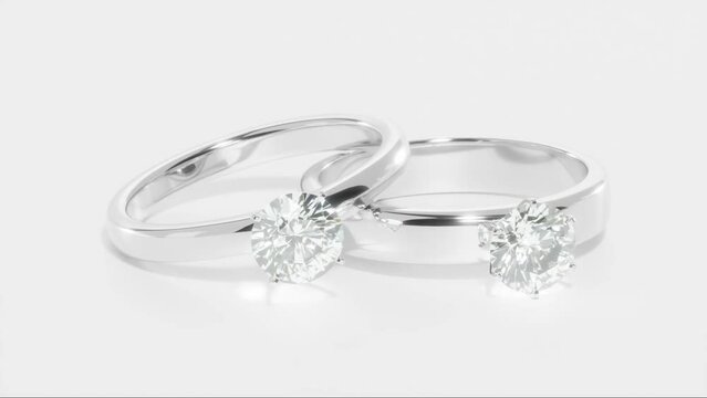 Two Platinum diamond rings rotating on white background from 3D animation design. 3d render.