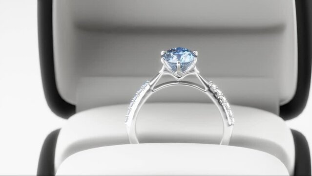 Platinum diamond ring in a black box, 3D animation, 3D render diamond ring. Concept for a jewelry and accessories store.