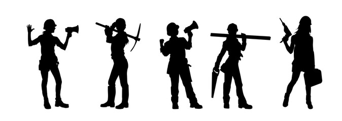 Collection silhouette of female workers in action pose with tools.