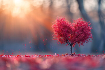 A tree with red leaves in a shape of the heart. Autumn landscape. Love - Powered by Adobe