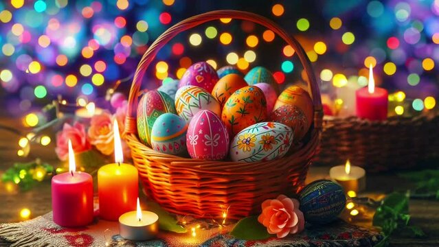 A vibrant Easter day background featuring a basket filled with colorful eggs and candles, ideal for celebrating the joyous occasion