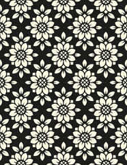 Vector seamless pattern. Tile in retro style with sunflowers on black background. Stylized flower in geometric diamond pattern for wallpaper and textile