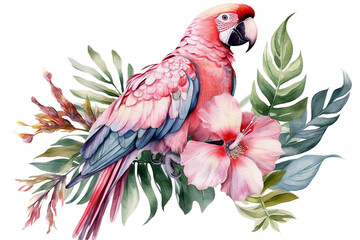 background hibiscus jungle parrot painting cockatoo isolated white watercolor flower leaves Tropical pink palm - obrazy, fototapety, plakaty
