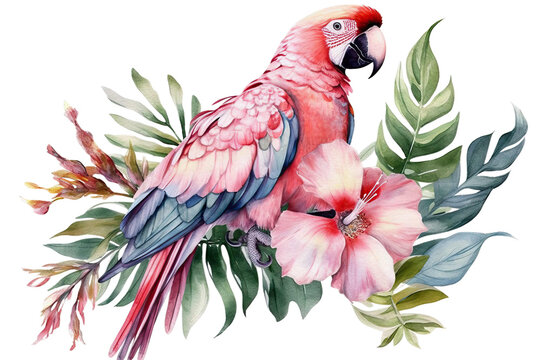 background hibiscus jungle parrot painting cockatoo isolated white watercolor flower leaves Tropical pink palm