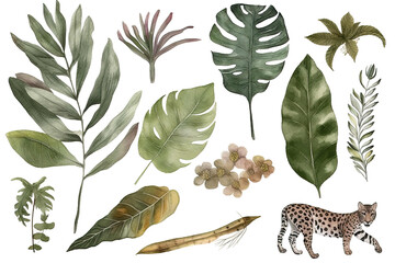 drawn orchid leopard white isolated leaves tiger Tropical leaves palm Banana background fruits coffee leaf watercolor - obrazy, fototapety, plakaty