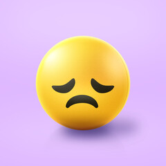 Depressed Emoji stress ball on shiny floor. 3D emoticon isolated.