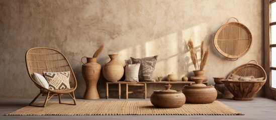 A stylish living room with wicker furniture and decorative vases. The combination of wood, metal, and pottery creates a cozy and artistic ambiance