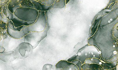 green alcohol ink and green watercolor Elegant abstract ink flow art mixed with golden pattern with translucent background.