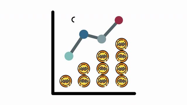 flat icon gold coins bar chart business graph icon animation isolated alpha channel video, coins stack bar chart line icon looped motion graphic video