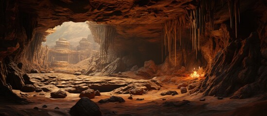 A man is seated in a natural cave with a flickering candle, surrounded by bedrock and rock formations, feeling the heat and darkness, witnessing the effects of erosion on the landscape - obrazy, fototapety, plakaty
