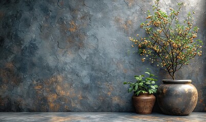 Plants in flower pots against the wall.