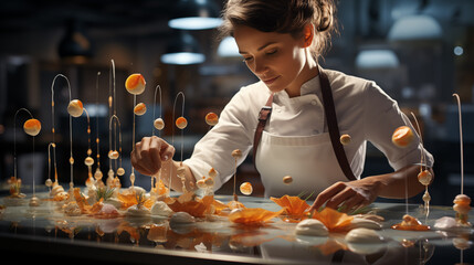 Beautiful woman chef in the uniform and pinafore cooking on the kitchen at a restaurant. Concept of...