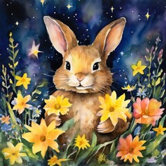 Fototapeta premium Rabbit in a field of flowers: A peaceful and tranquil scene