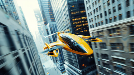 futuristic flying yellow taxi eVTOL flies in a big city among tall buildings