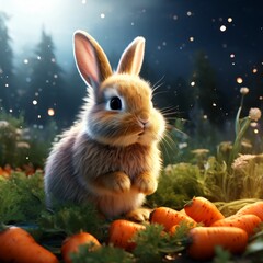 cute cottontail rabbit in a peaceful garden, its ears perked up - obrazy, fototapety, plakaty
