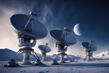 Huge radio telescope aimed directly into sky in middl