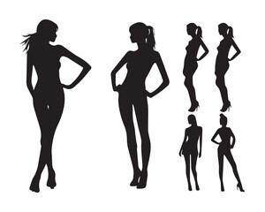 Vector silhouettes of three women standing, arms to the sides and up, profile, business people, black color, isolated on white background
