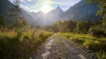 Fototapeta premium Alpine Bliss: Sunlit Gravel Trail Amid Majestic Peaks. Generative AI