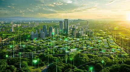 Green skyline with Digital smart city infrastructure and rapid data network. Digital city, smart society, smart homes, digital community - obrazy, fototapety, plakaty